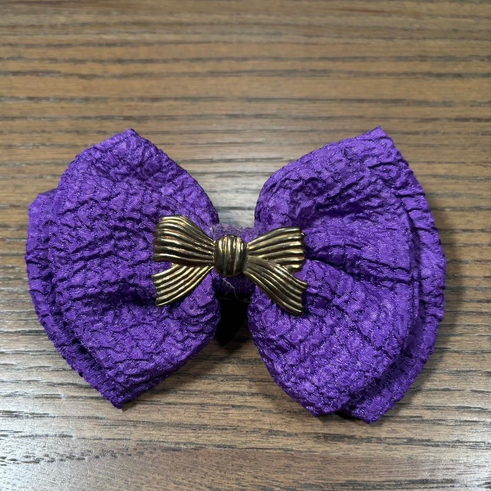Vintage 80s/90s Crinkle‎ Textured Purple Bow Gold Metal Bow Hair Clip Barrette